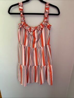NWOT Paper Crane Orange, White & Navy Striped Ruffle Sundress